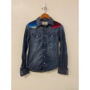 rare true religion 100% cotton rainbow denim long sleeve snap shirt size XS